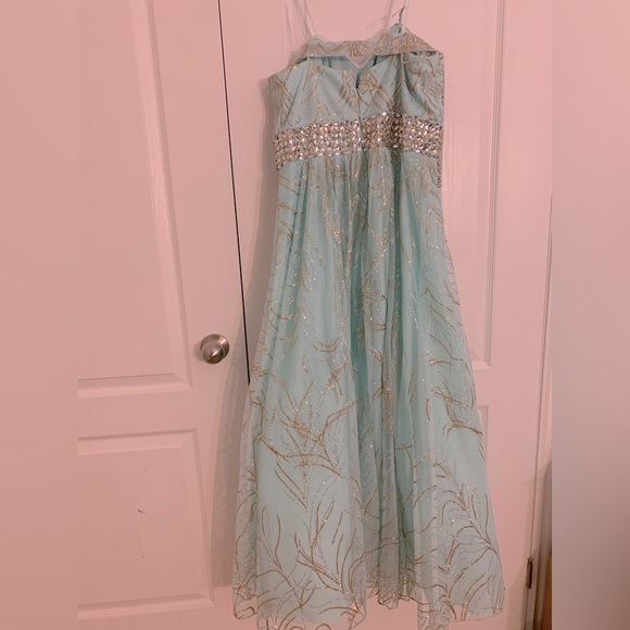Size 12 formal teal blue, with gold and silver accent gown - Picture 3 of 5